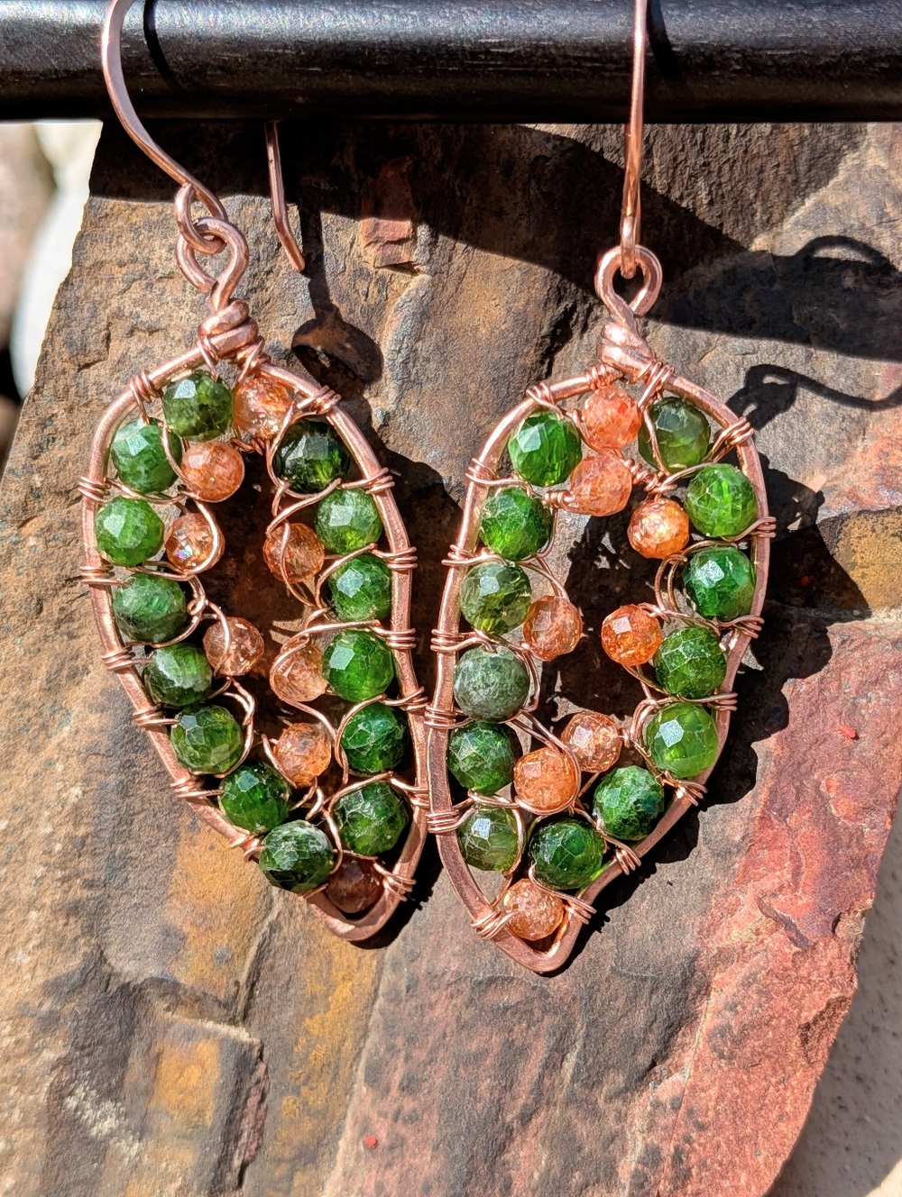 Copper Hoop Earrings- Leaf Inspired- Vibrant Natural Gemstones- Artisan Crafted